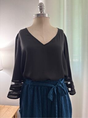 Women's Black V-Neck Blouse with Sheer Sleeve Bands